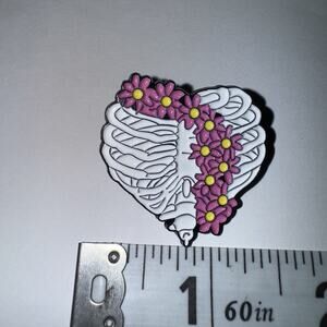 Heart Shaped Rib Cage With Pink Flowers Pin Brooch
